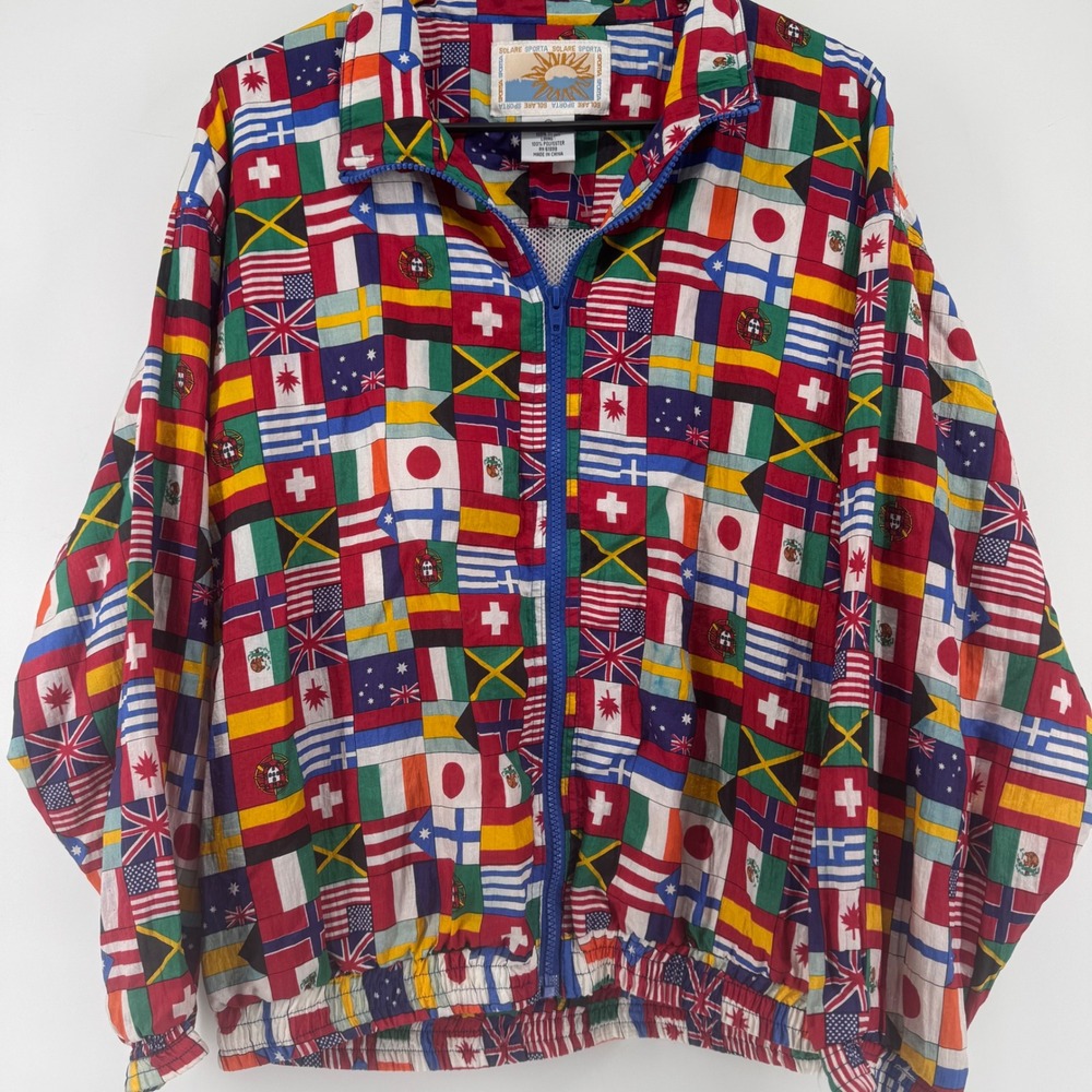 Solare‎ Sporta Flag Print Windbreaker Jacket Women Small Multicolor Vintage 90s - Picture 2 of 9